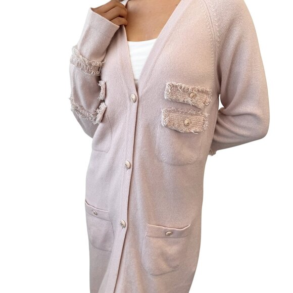 CHANEL Vintage 09A Logo Long Cardigan Top Sweater #40 Pink Cashmere [105652] - Picture 1 of 12